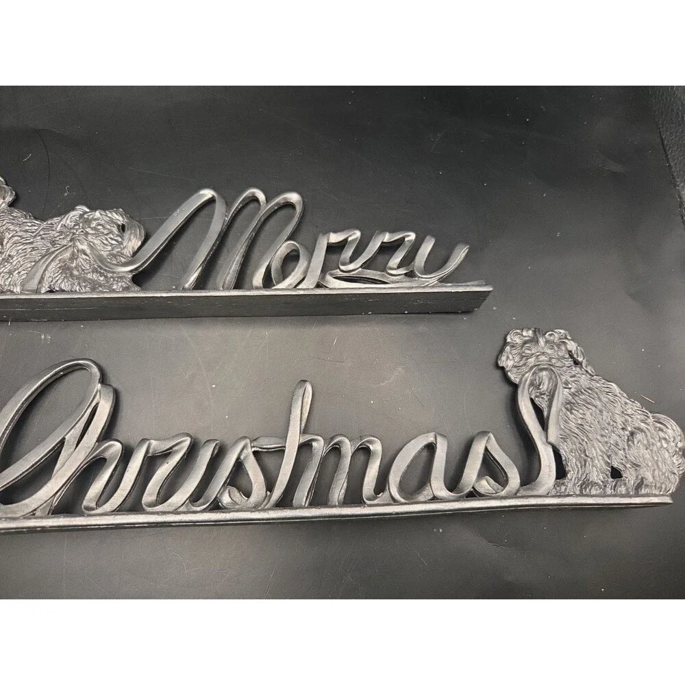 Metzke Pewter Vintage 2 Piece Merry Christmas  Dogs Pulling Ribbon for Mantle